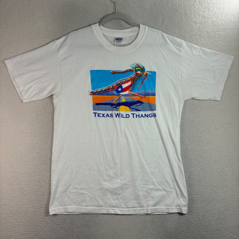 Texas Wild Thangs T Shirt Men L White Roadrunner Nature Graphic Flag Gildan Y2K